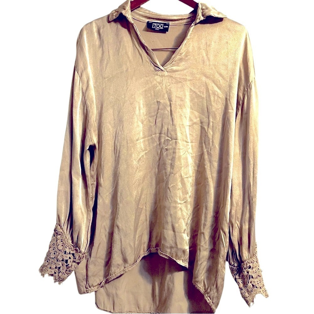 ITOO Made in Italy boho metallic tan lace sleeve top medium / large Women - Picture 4 of 7